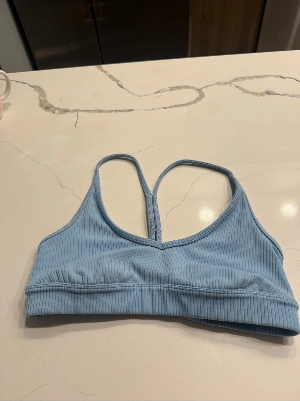 ALO Yoga Light Blue Ribbed V-Back Sports Bra